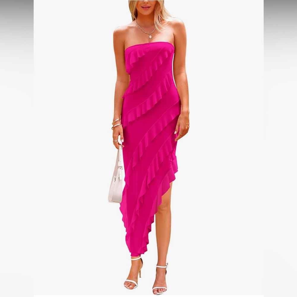 PRETTYGARDEN Women Formal Strapless Tube Asymmetrical Ruffle Maxi Bodycon Dress